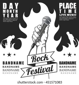 Black And White Rock Festival Poster. Hand Holding A Microphone In A Fist