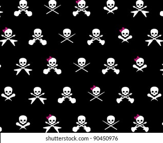 Black with with White Rock Musician Skull and Cross Bones with Hot Pink Girlie Bows Pattern Background Fabric or Wrapping Paper Design