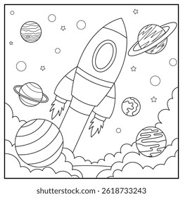 black and white rocket for coloring book.