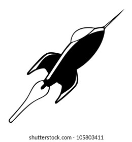 Black and white rocket with fire flame, vector illustration