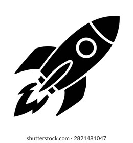 Black and white rocket icon with flame design for space and technology