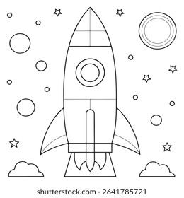 Black and white rocket illustration showing stars and galaxy shapes in a clean space illustration