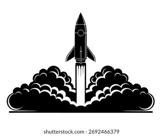 Ilustración de lanzamiento de cohete en blanco y negro aislada sobre fondo blanco, con un diseño clásico de cohete con humo y llamas en un movimiento ascendente dinámico y potente