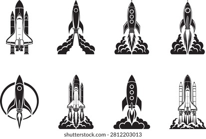 Black and White Rocket Launch Silhouette Vector Set with Spacecraft Space Shuttle and Space Exploration Icons