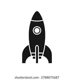 Black and white rocket launching upward with flames and smoke billowing below