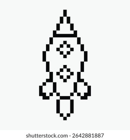 black and white rocket pixel art icon vector illustration.