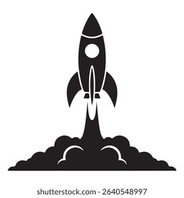 Black and White Rocket Silhouette Launching Spacecraft Icon