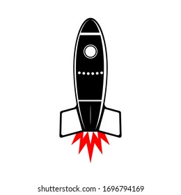 Black and white rocket or spaceship in a flat style. Rocket icon, startup project, simple flat design, vector eps10
