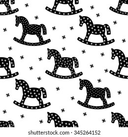 Black and white rocking horses seamless christmas pattern. Winter holidays vector background. Cute baby shower background. Child play illustration.