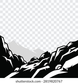 Black and white rocky mountain valley vector with jagged cliffs, layered distant peaks, and a rugged open pass, isolated for adventure logos, travel posters, outdoor branding, hiking graphics, and scenic landscape designs.