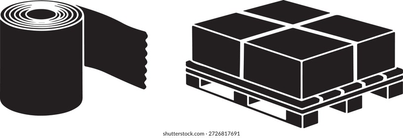Blanco y negro de un rollo de cajas apiladas y apiladas en una plataforma