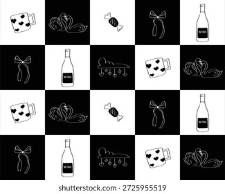 Patrón romántico blanco y negro del icono con el vino, los cisnes y los lazos para el empaquetado y la papelería elegantes