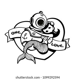 black and white romantic love tattoo with diver and mermaid