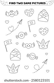 Black and white.  Romantic objects on Valentines day. Find two same pictures. Game for children. Spot two identical pictures. Isolated vector illustration eps 10