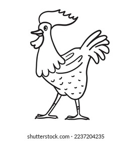 Black and white rooster for coloring book in vector. Hen stylization for kids, small cute contour sketch. More black and white animals you can find in my portfolio