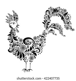 Black and white Rooster graphic isolated on white background. Linear Rooster design element.  Vector Illustration