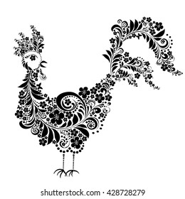 Black and white Rooster graphic isolated on white background. Linear Rooster design element. Vector Illustration