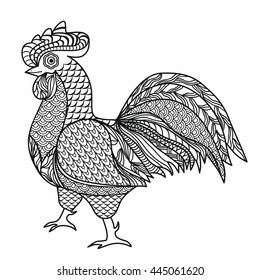 Black and white Rooster graphic isolated on white background. Linear Rooster design element. Vector Illustration