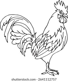 black and white rooster hand drawing for kids coloring book