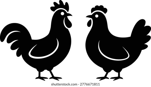 Black and white rooster and hen standing side by side