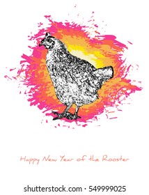 Black and white rooster (or a hen), symbol of Chinese New Year, and yellow and red blobs as a background