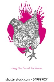 Black and white rooster (or a hen), symbol of Chinese New Year, and a red blob as a background