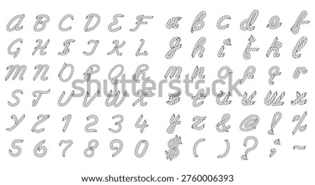 Black and white rope style alphabet with uppercase and lowercase letters, numbers and symbols. Editable vector set isolated on white background for design and typography.