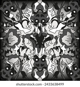 Black and white Rorschach test abstract picture. Hand drawn avant-garde Abstract Poster. Vector illustration can used t-shirt print interior design painting. Retro art. EPS 10 Editable stroke