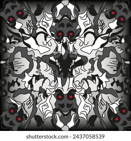 Black and white Rorschach test abstract picture. Hand drawn Halloween scary Abstract Poster. Vector illustration can used t-shirt print interior design painting. Retro art. EPS 10 Editable stroke