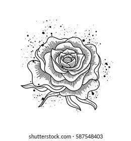 Black and white rose flower isolated. Paint splashes. Line art tattoo style. Vector illustration. Can be used for design of invitations, coloring book, bags, prints, t-shirts.