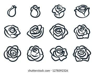 Black and white rose flower vector illustration. Simple rose blossom icon set. Nature, gardening, love, Valentine's day theme design element.