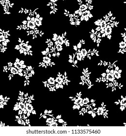 Black and white rose flowers seamless pattern. Vector illustration of white rose on black background. Hand drawn.