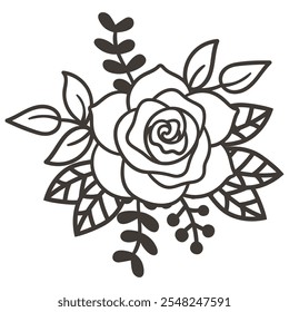 Rosa blanco y negro, elemento de diseño de rosa dibujado a mano, Ilustración vectorial.