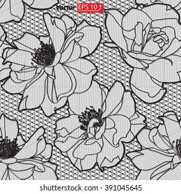 Black white rose lace design background, ornamental flowers band Abstract Lace Ribbon Seamless Pattern. Template frame Lace Doily. Floral background border vector illustration