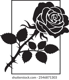 A black and white rose with leaves