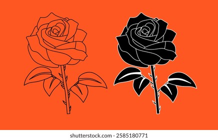 Black and white rose line art on an orange background. Perfect for tattoos, logos, or modern floral designs. Vector-style, high-contrast floral artwork