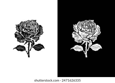 black and white rose. Black and white roses. decorative rose with leaves. Flower Silhouette icon