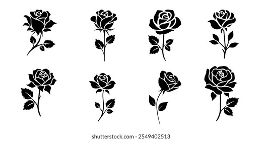 Black and white rose silhouette set on a white background. rose silhouette vector 