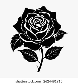 Black and White Rose Silhouette Vector with Detailed Floral Contour and Accurate Petal Anatomy Outline