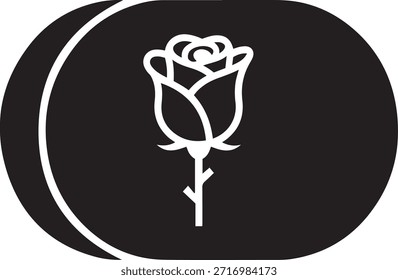 Schwarz-Weiß einer Rose mit Stamm und Blättern in einem abgerundeten Rechteck Form Rose Blume schwarz-weiß