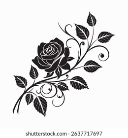 Black and White Rose with Swirling Vines and Leaves - Silhouette Rose
