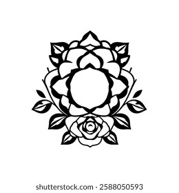 Black and White Rose Tattoo Design: Elegant Floral Symmetrical Pattern, Vintage Botanical Line Art, Graphic Illustration