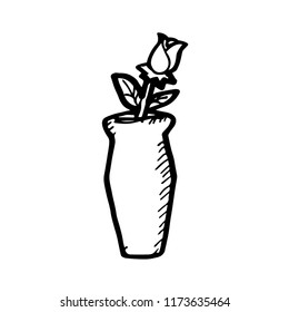 black and white rose with a vase cartoon object, vector doodle art