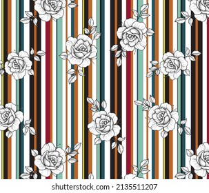 Black and white roses design pattern on colorful vertical lines