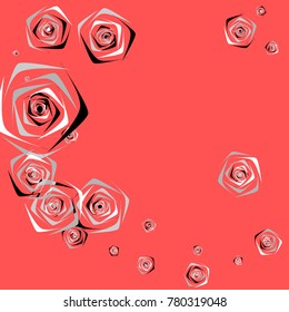 Black, white and roses of different sizes on a pink background. Flowers. Beautiful background of black and gray roses. Vector illustration. Placer of flowers. Vector drawing of roses.