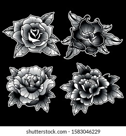Black and White Roses and Peonies, Gradient Floral Stickers, Logos, Emblems