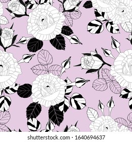Black and white roses seamless pattern on pastel purple background