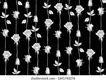 Black and white roses seamless pattern, background. Black and white graphics. Vector illustration..