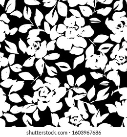 Black and white roses silhouettes. Seamless pattern made of bouquet of roses, garden flowers and petals. Vintage style. Flat design for fashion, textile, fabric, clothes, wallpaper, wrapper.