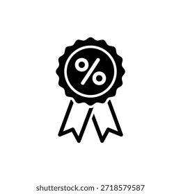 Icono de insignia de roseta en blanco y negro con signo de porcentaje que representa el logro o el descuento de venta